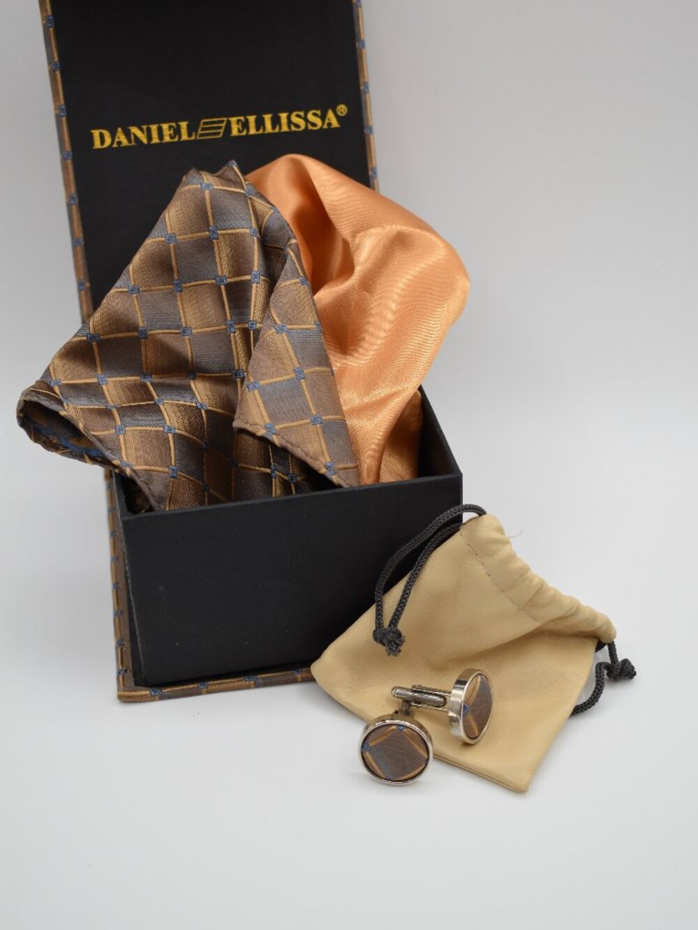 Daniel Ellissa Men's Silk Pocket Square Gift Set Brown Gold Matching Cufflinks